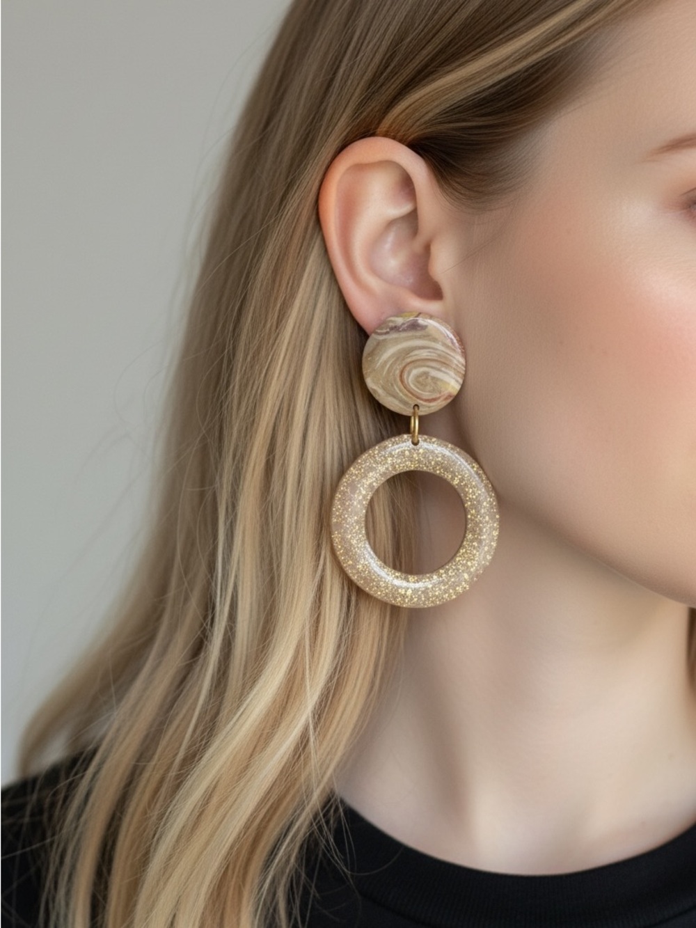 10/3 Gold Glitter Circle Drop Earrings - Women Jewelry